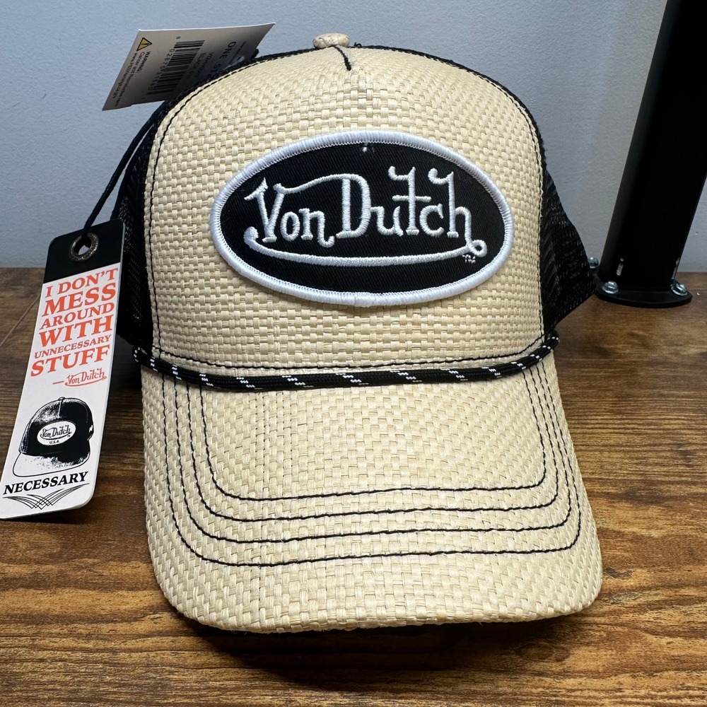 NEW Von Dutch Straw Trucker Hat Tan Black Mesh Snapback Logo Cap VDHH0037